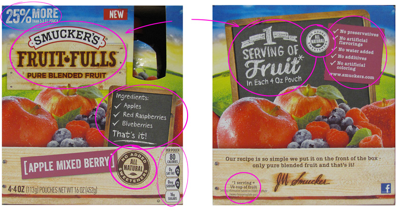 Smucker's fruit pouches packaging demonstrating how information is chunked into small parts of information.
