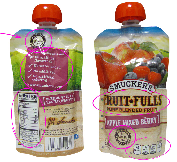 Smucker's fruit pouch packaging demonstrating how information is chunked into small parts of information.