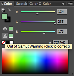 Screen capture of the color palette in Adobe Illustrator showing the out of gamut warning
