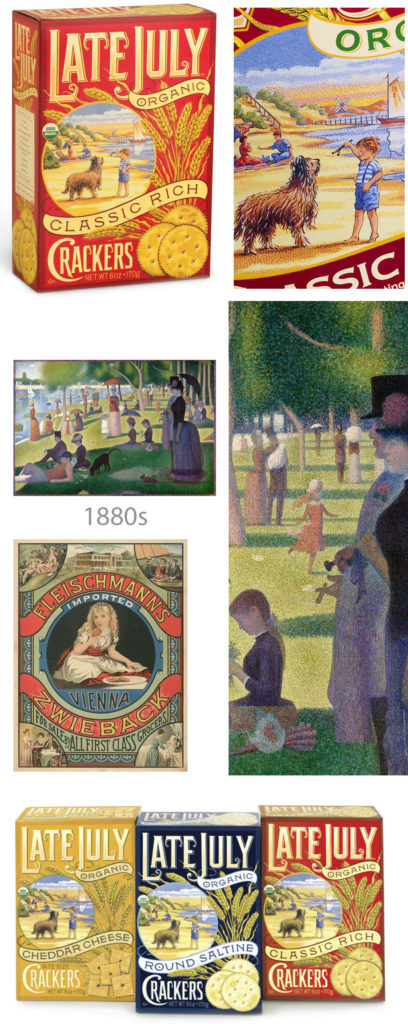 Late July cracker packaging compared to the fine art painting, A Sunday Afternoon, by George Seurat.