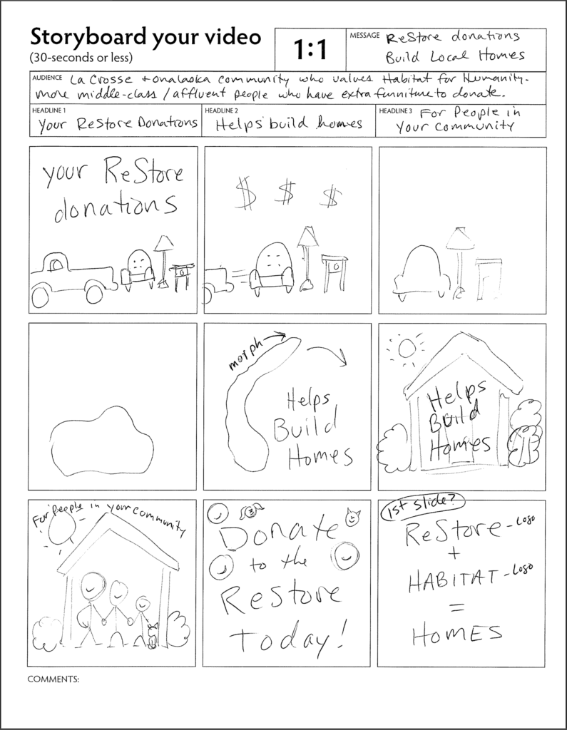 Visual of a hand drawn storyboard sketch for the ReStore