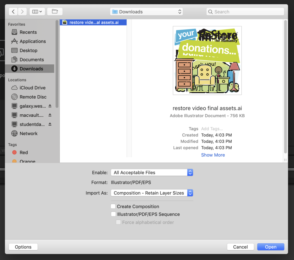 Image showing how to import a file as a composition in After Effects