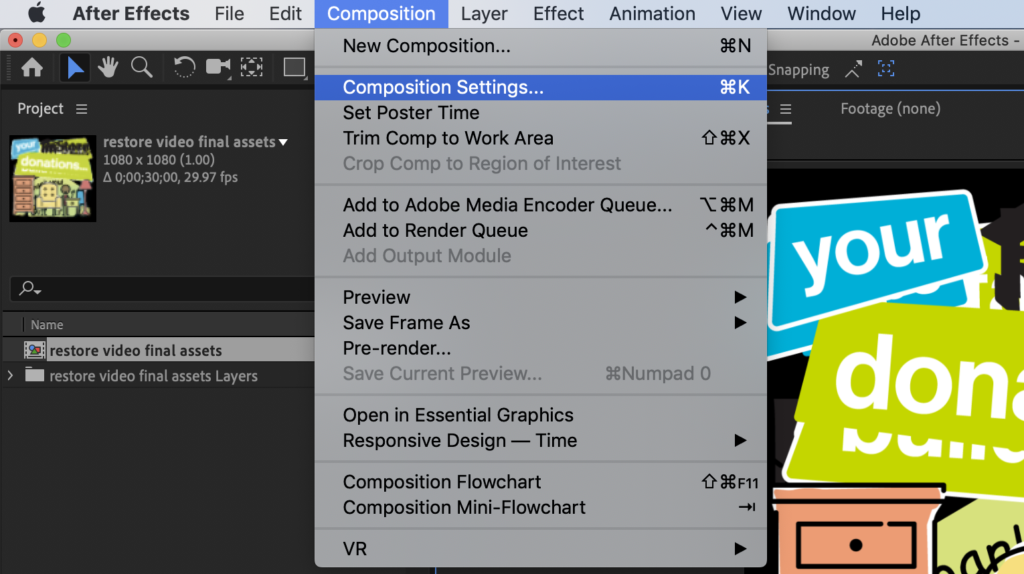 Image showing how to access composition settings in After Effects