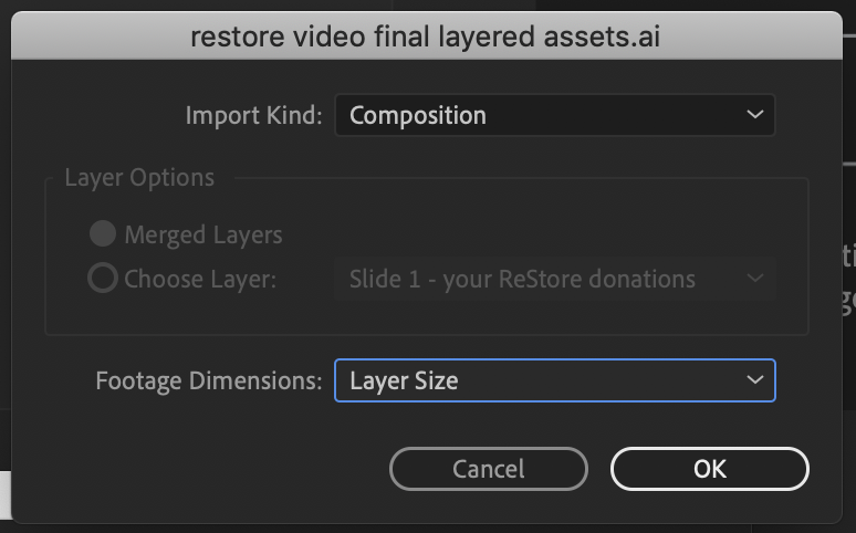 Image showing how to import a file as a composition in After Effects