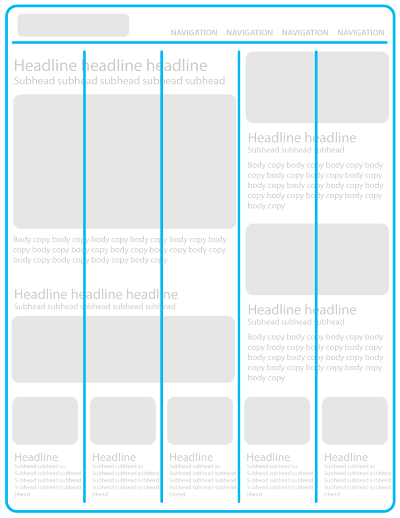 Website with a grid drawn over top of it to show how the grid is used in designing web pages.