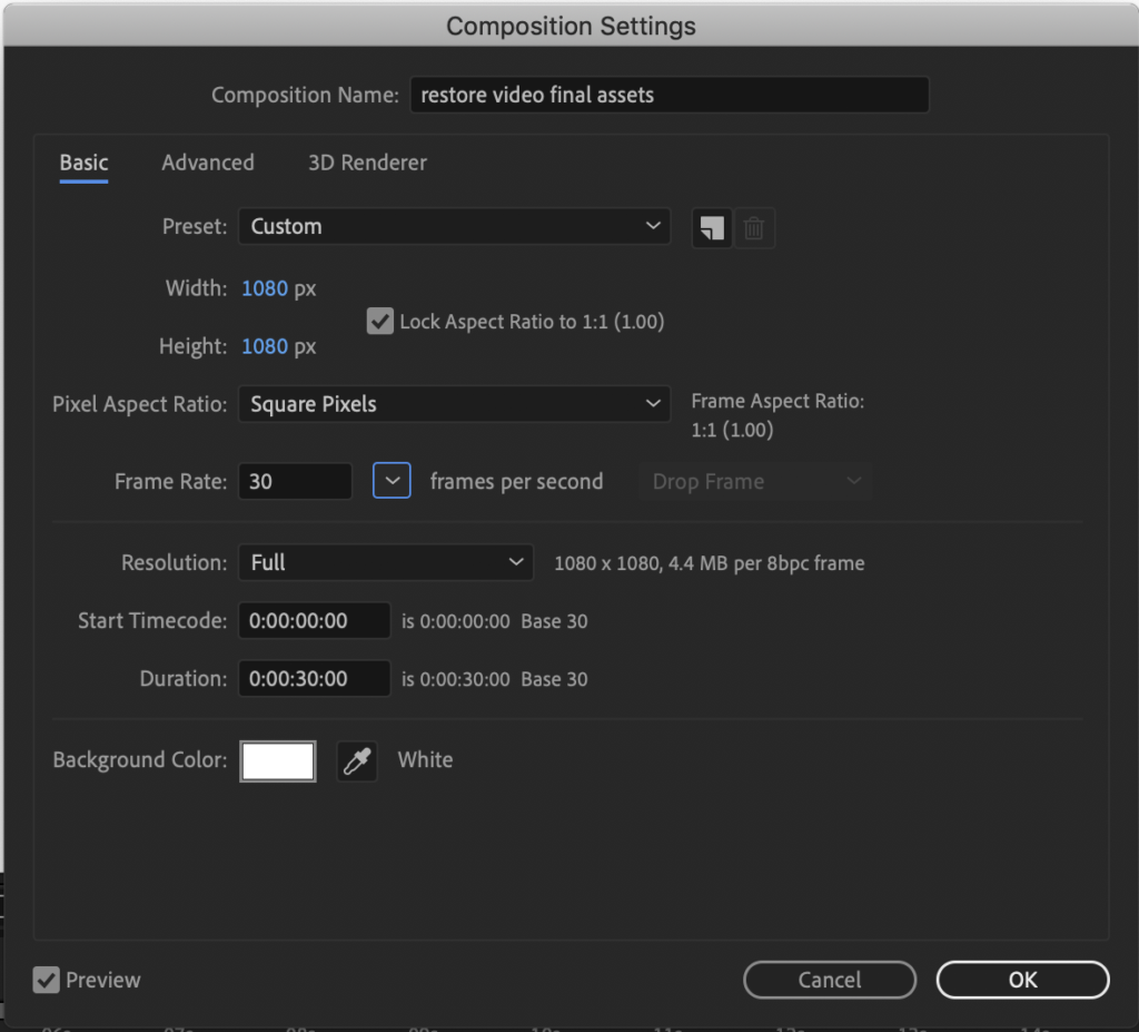 Image showing composition settings in After Effects