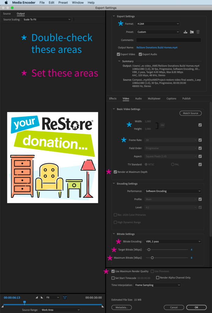 Screen capture of what to check for when rendering your videos
