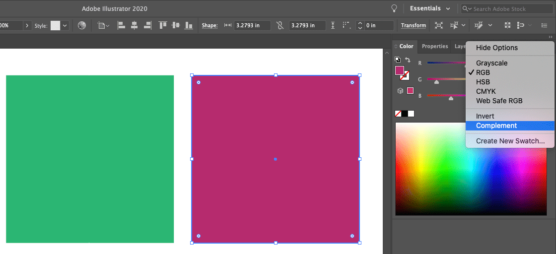 Screen capture of how to make a complementary color scheme in Adobe Illustrator.