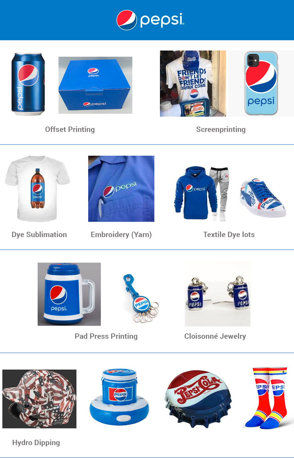 Color consistency shown on a variety of Pepsi products