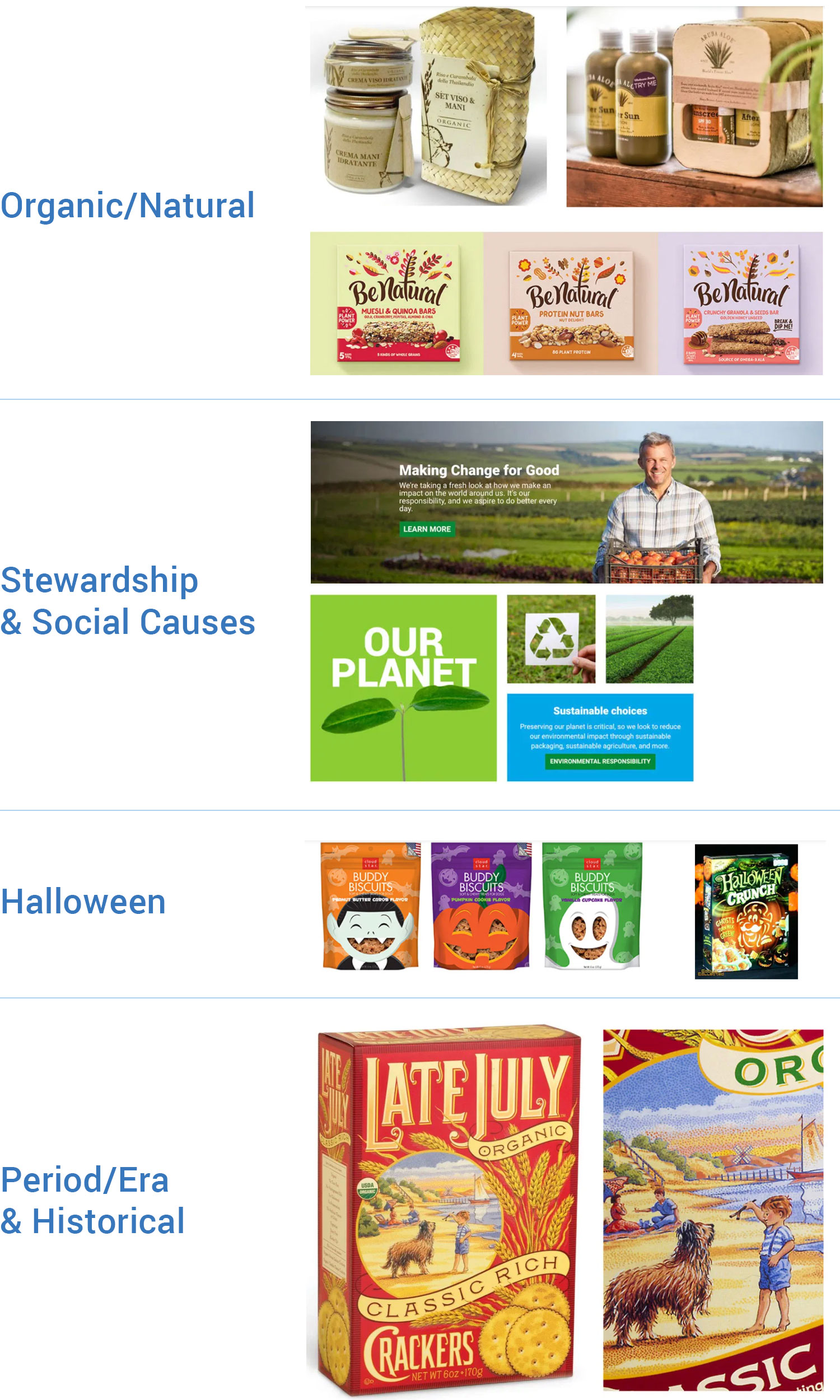 Design style examples including natural, stewardship, and halloween. 