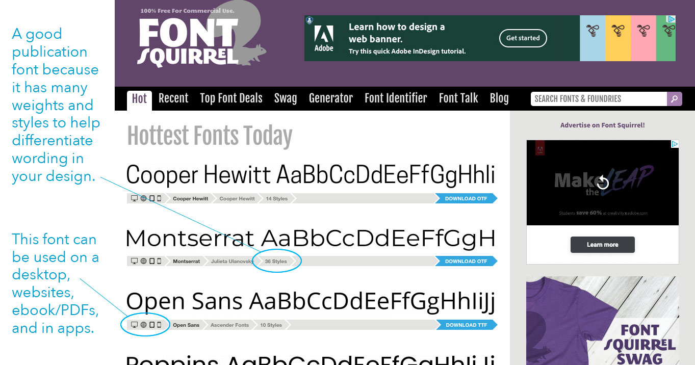 Image showing the anatomy of web fonts on Fontsquirrel.com.