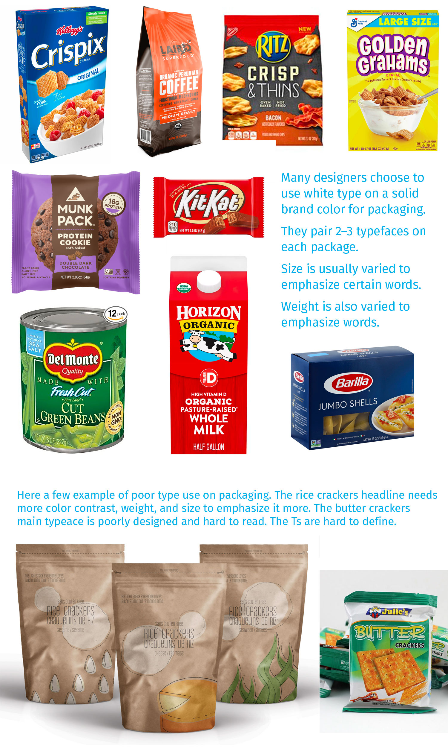 Examples of product packaging showing different ways typography can be used.