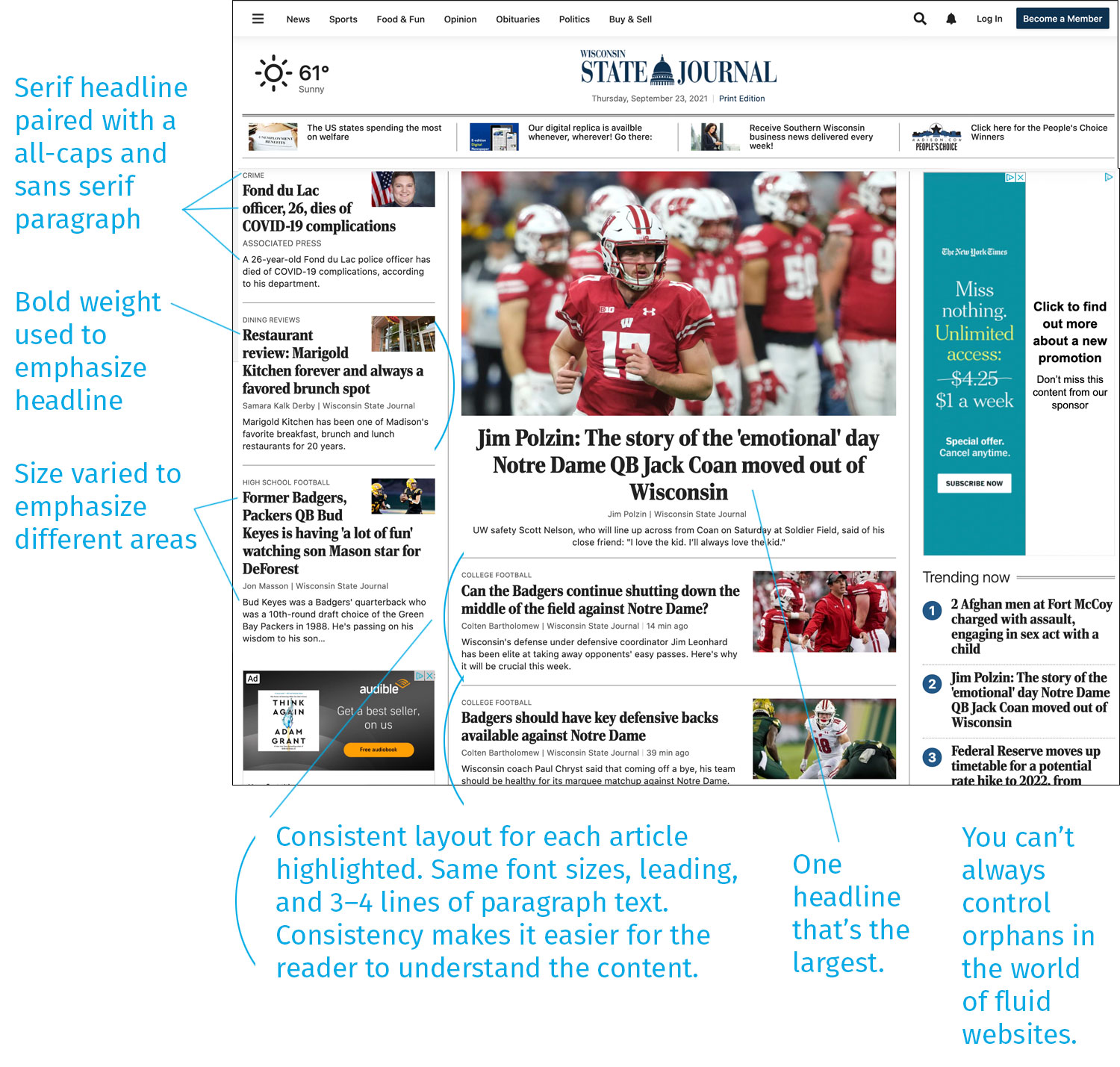 Screen capture of a website to demonstrate examples of typography design and best practices.