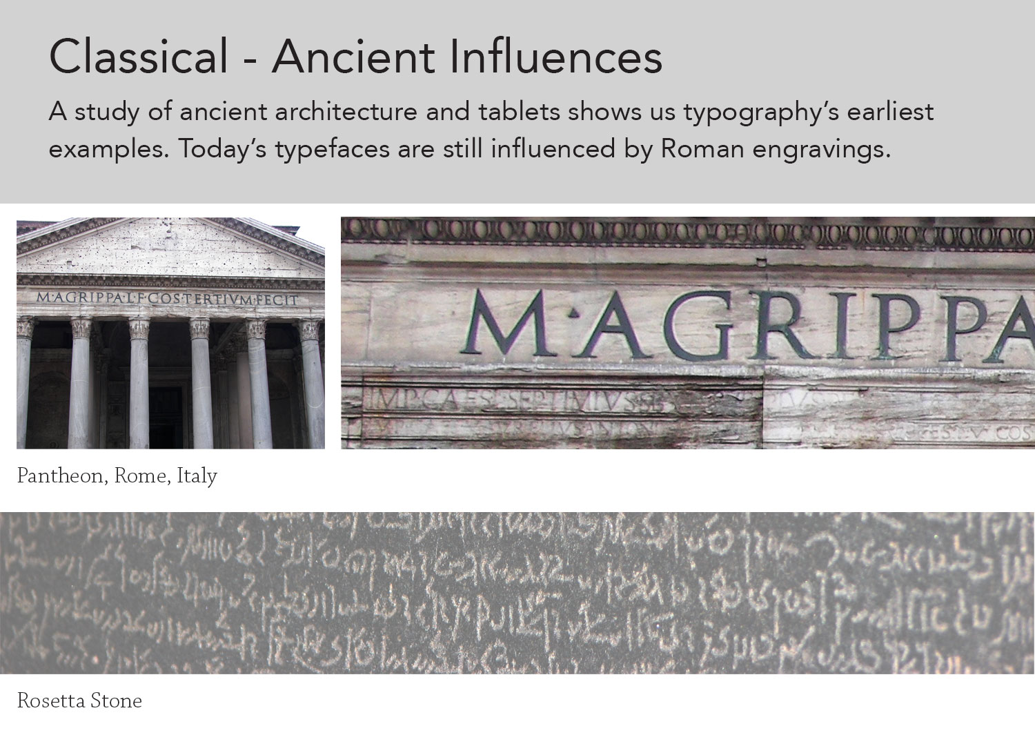 Graphic Showing various examples of classical and Roman typefaces