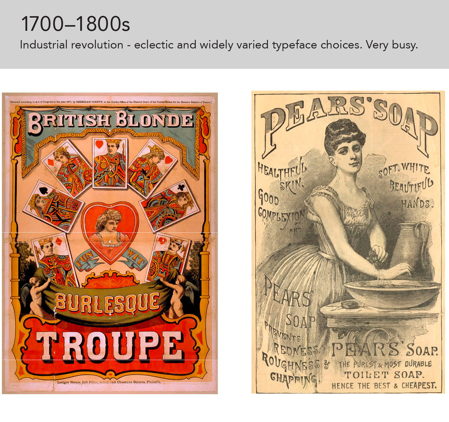 Graphic Showing examples of posters with overly decorative type design from the 1700s.