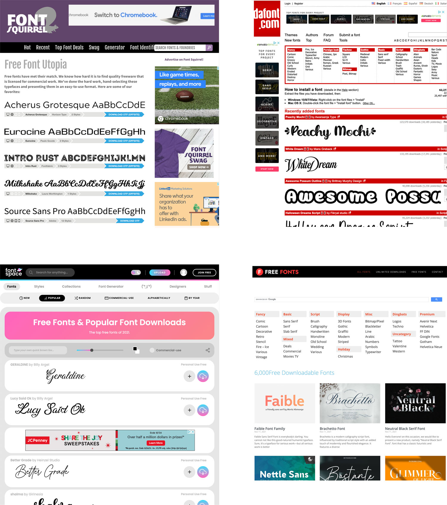 Screen captures of different websites offering fonts to anyone.