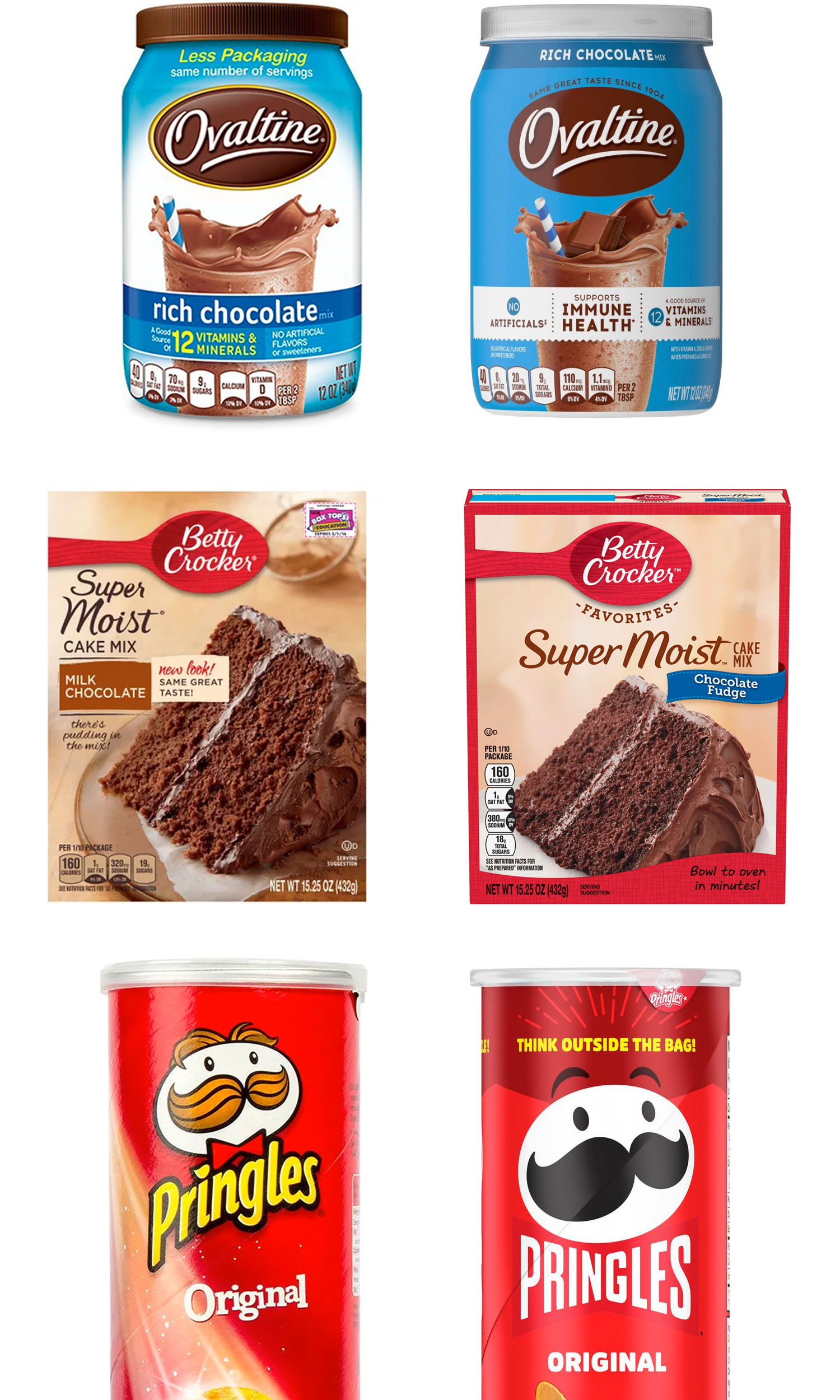 Ovaltine, cake mix, and Pringles Design Examples -  New packaging Minimalistic Trend