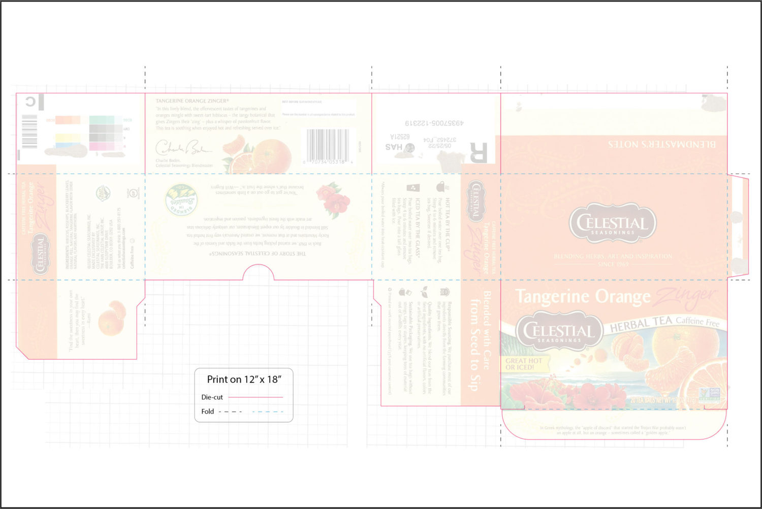 Die line overlaid on tea box packaging