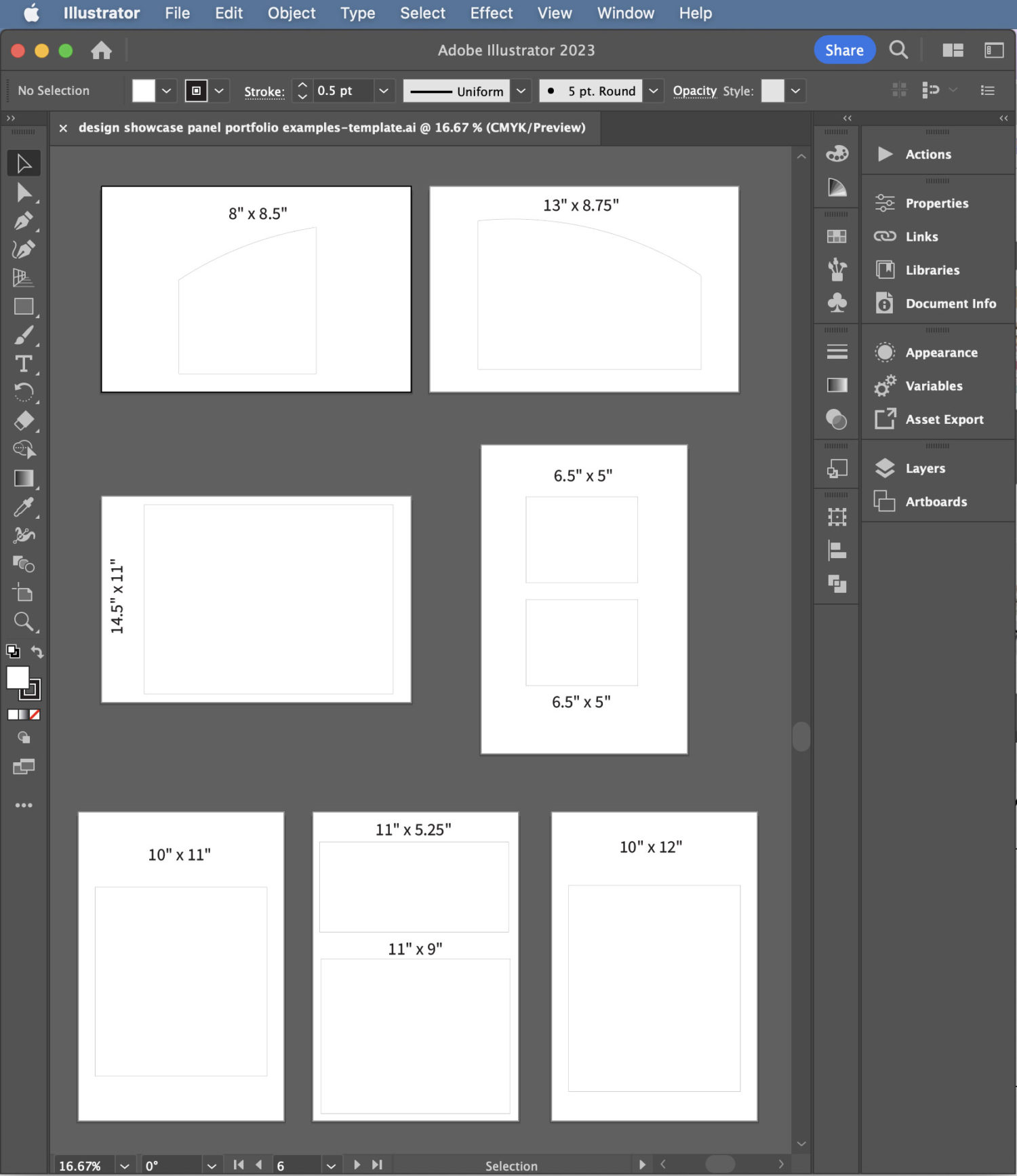 Screen capture of the design showcase display pages template in Adobe Illustrator.