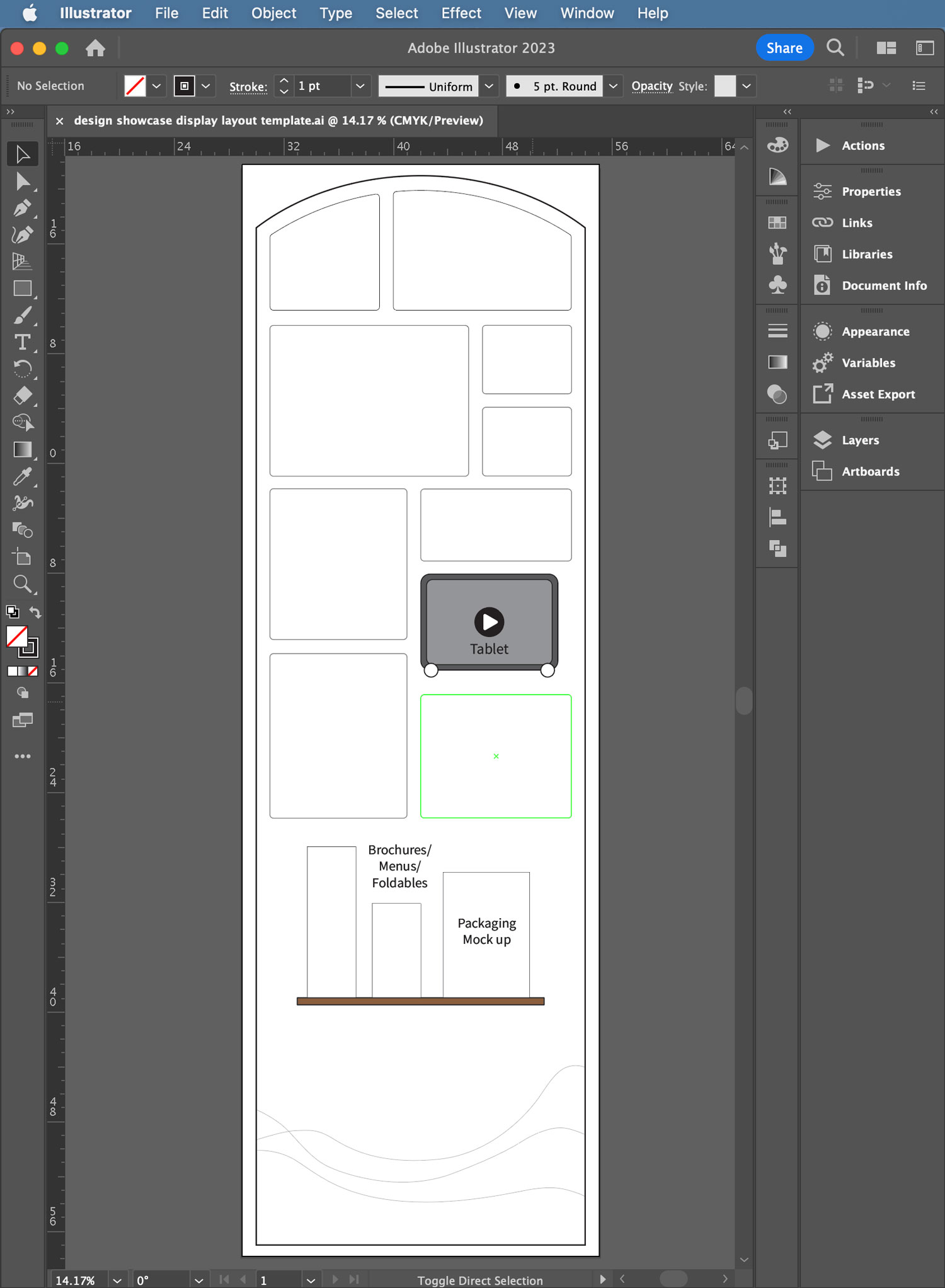 Screen capture of the design showcase display full template in Adobe Illustrator.