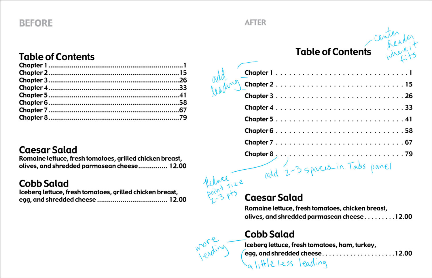 Image showing helpful typography tips on a menu