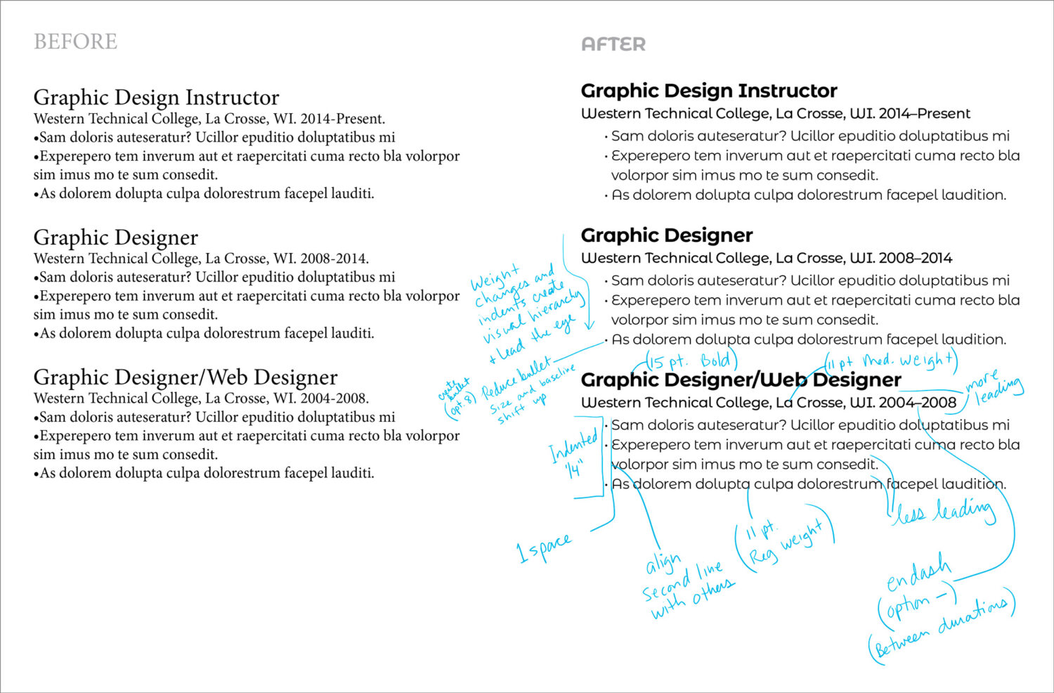 Image showing helpful typography tips on a resume