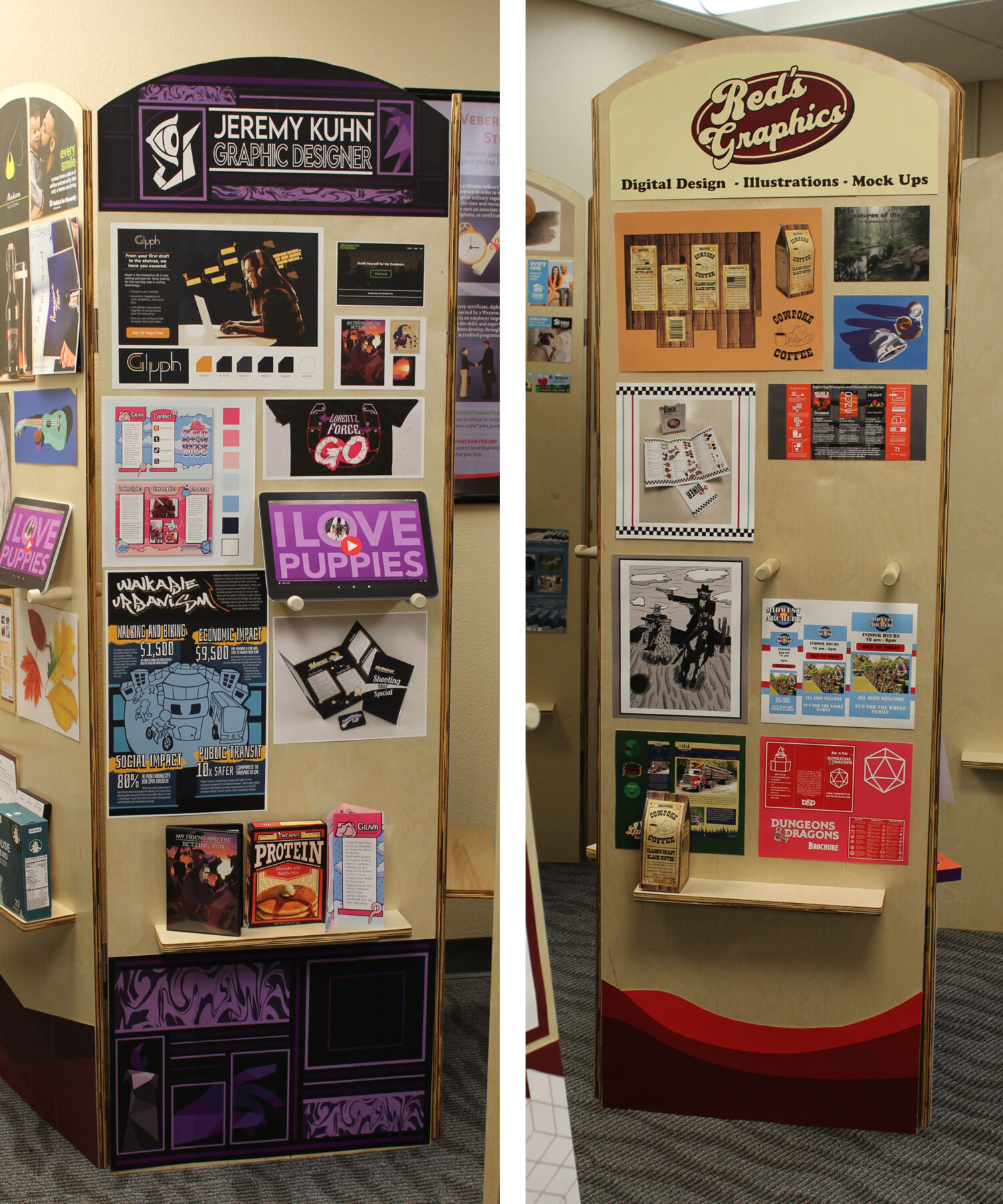 Student examples of a Design Showcase display board