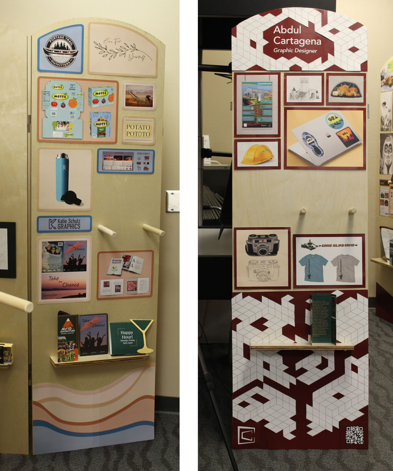 Student examples of a Design Showcase display board