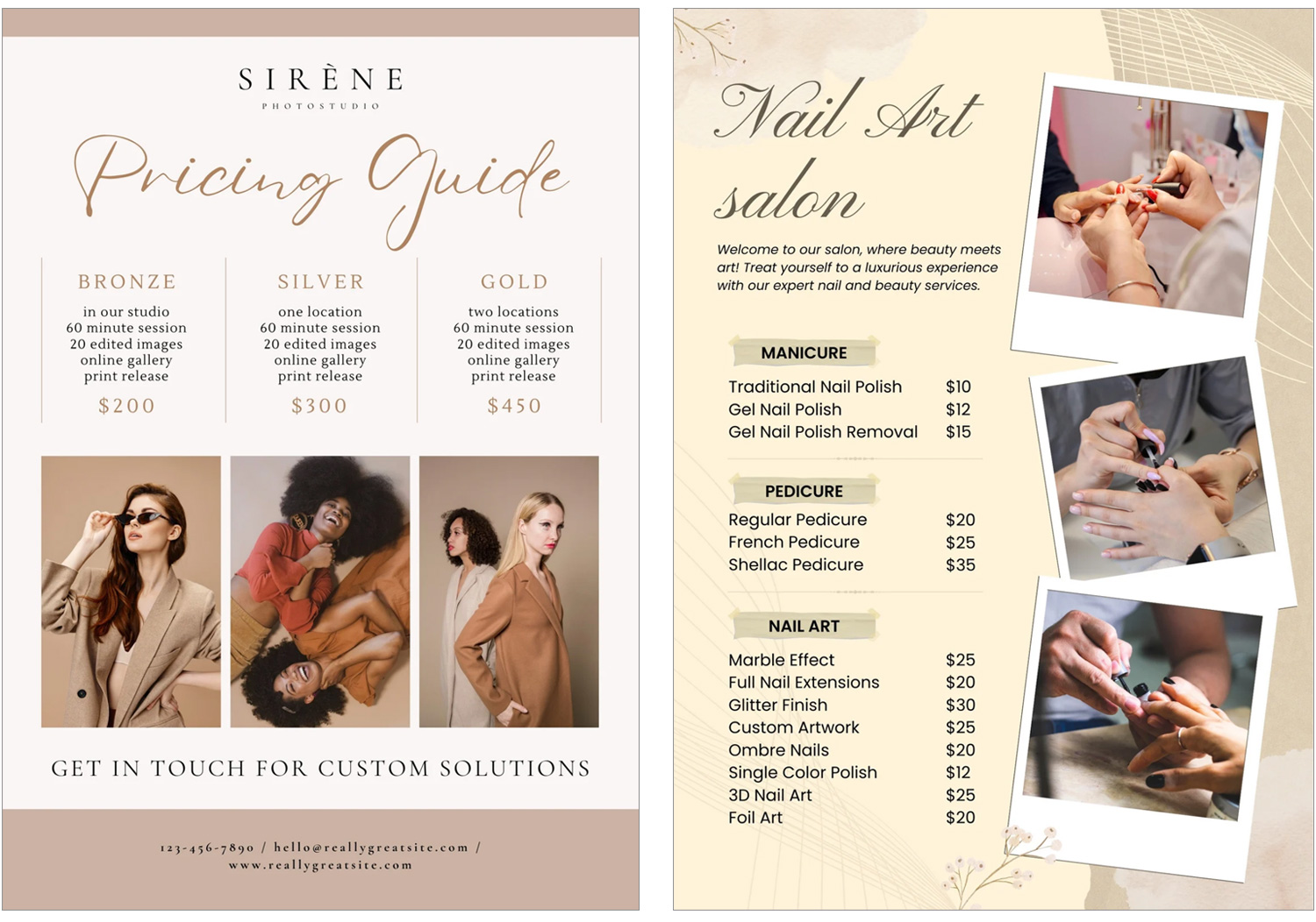 Design examples of a 1-page promotional flyer.