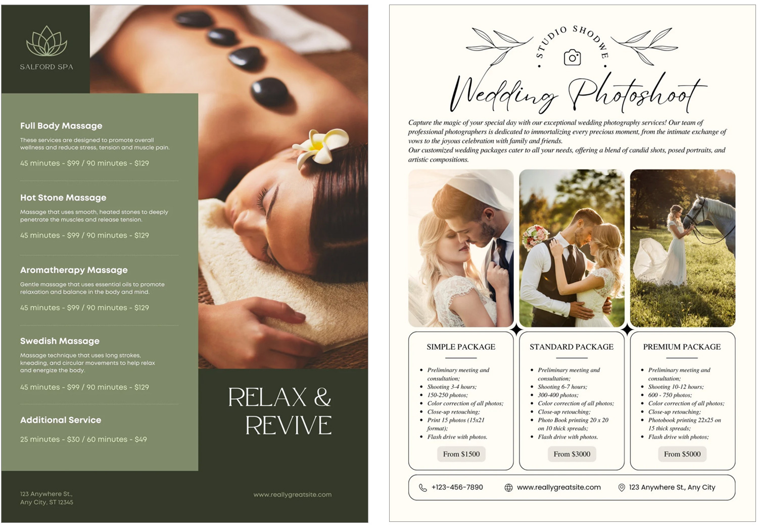 Design examples of a 1-page promotional flyer.