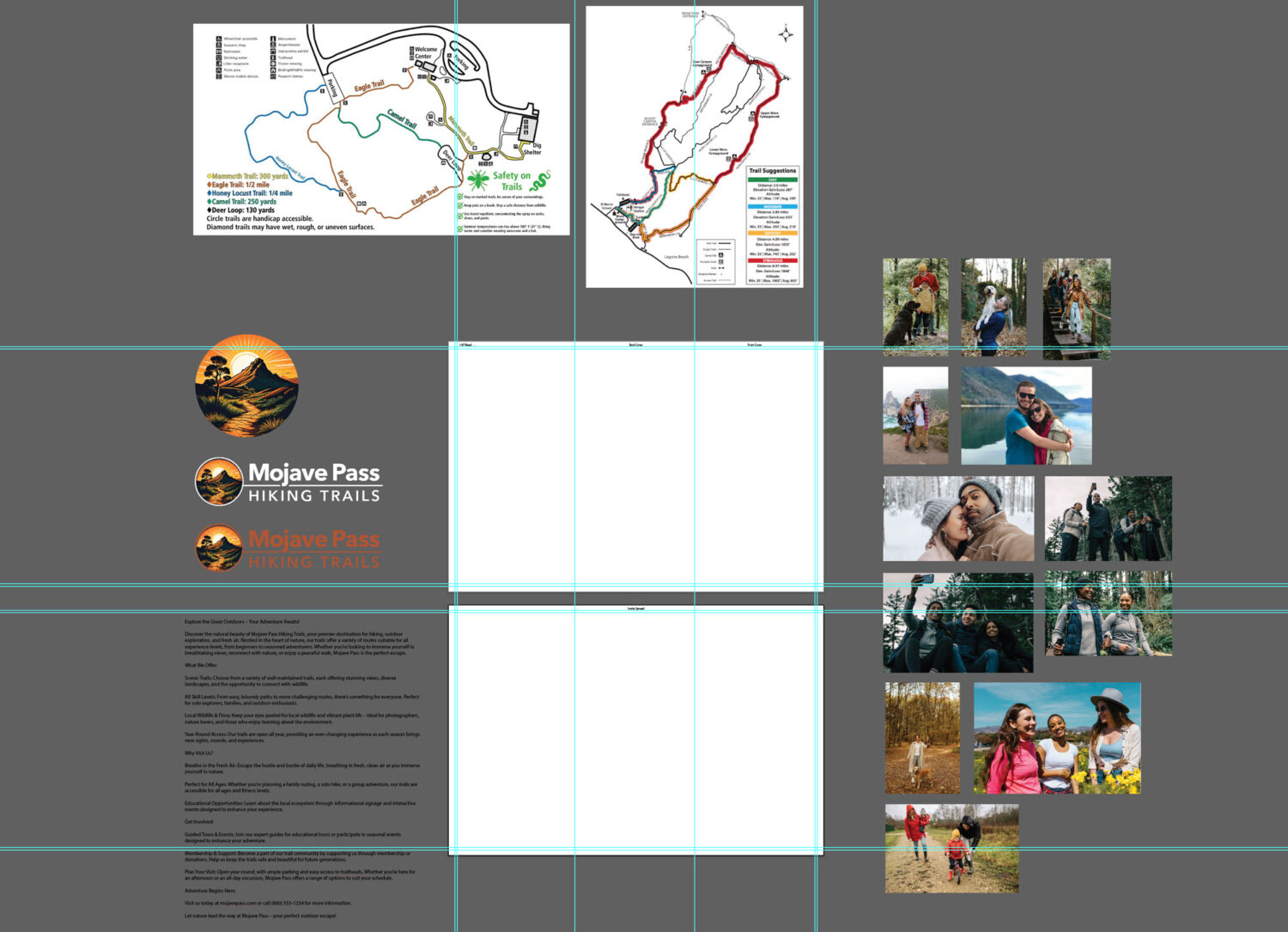 Screen capture from Adobe Illustrator showing the brochure with a map template along with the design assets.