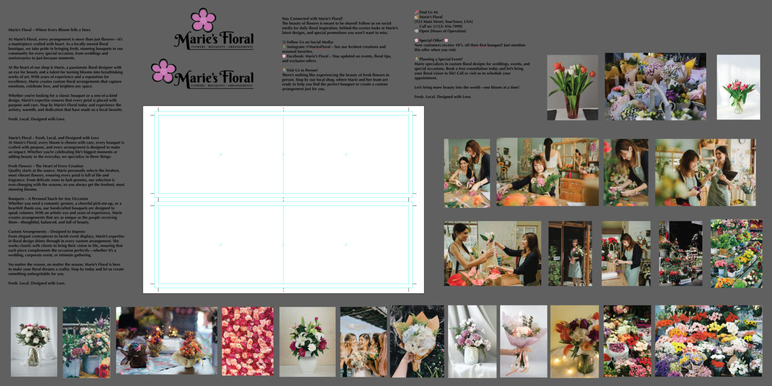 Screen capture of design and brand assets for a floral design company.