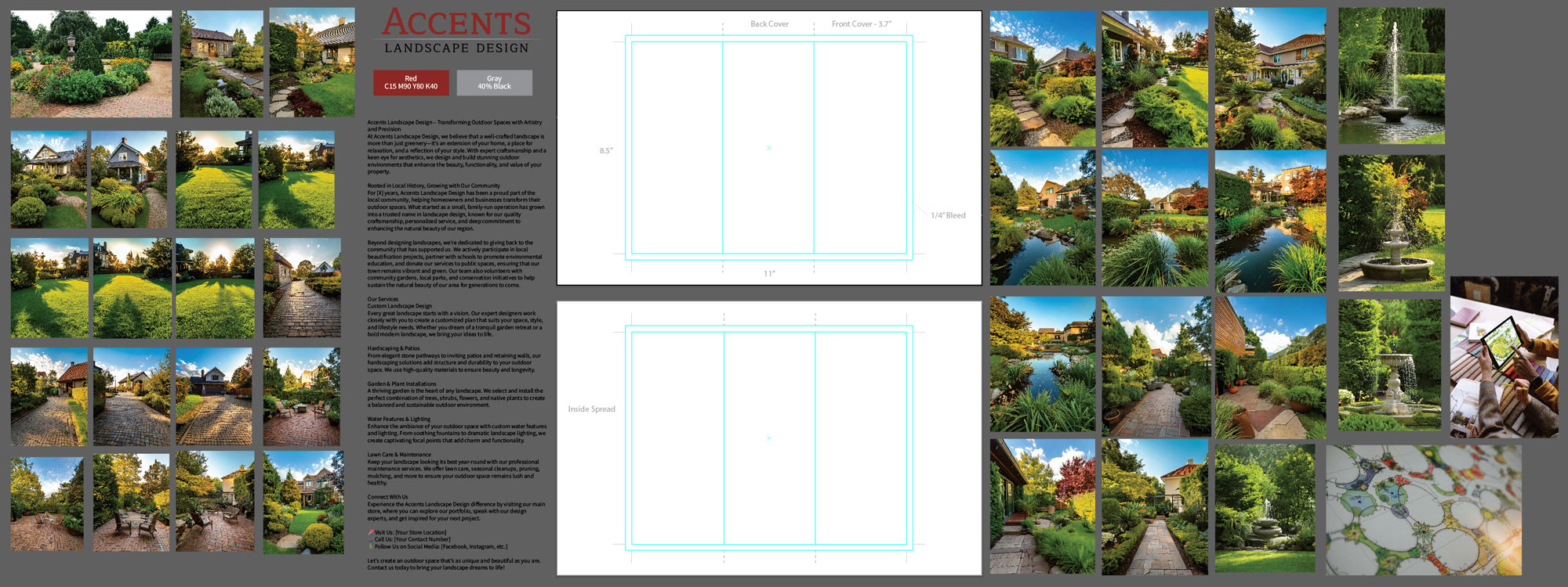 Screen capture of design and brand assets for a landscape design company.