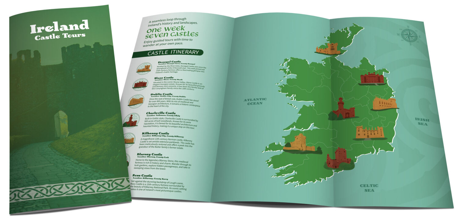 Student examples of a brochure with a map mocked up digitally