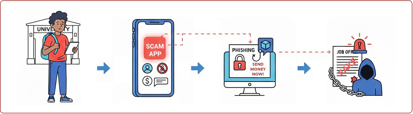 Illustration showing a college student trying to navigate the dangerous world of internet scams and fraud.