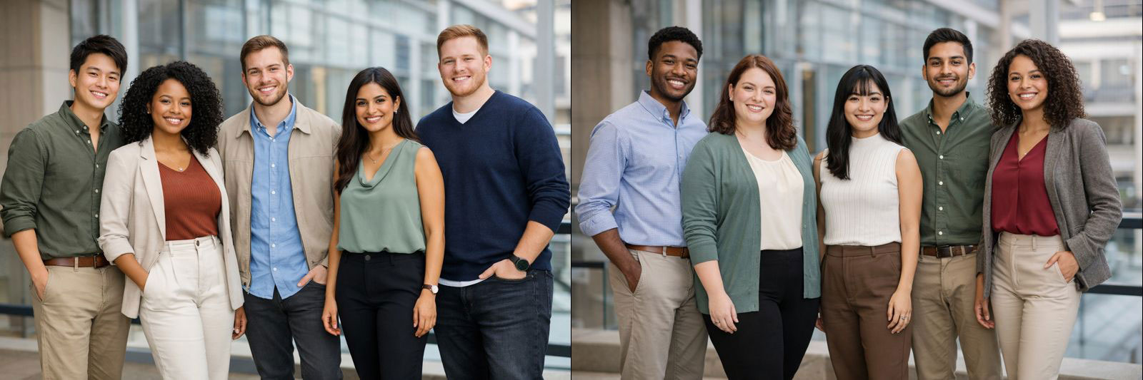 A group of college graduates wearing business casual clothing that shows how to dress for their first interview.