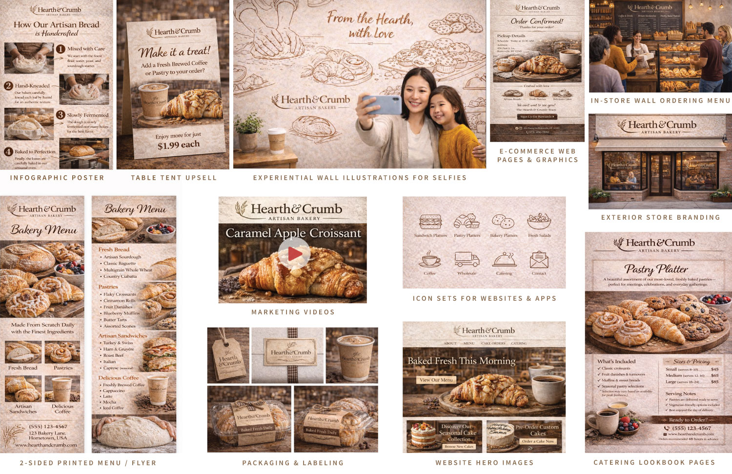Sample portfolio page showing a full marketing campaign including several pieces a nicely designed marketing material for a local artisan bakery.