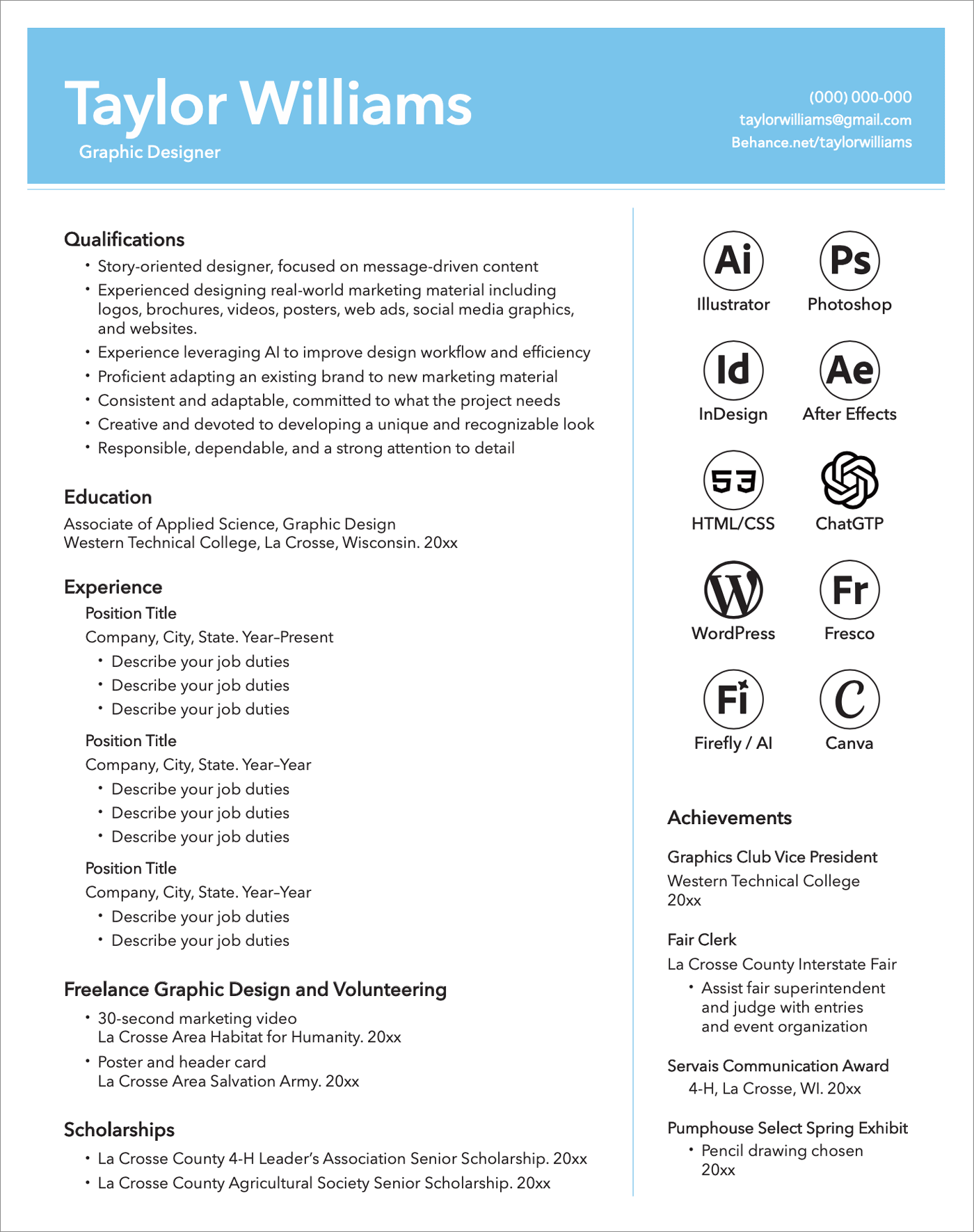 Sample resume design for graphic design students to use.