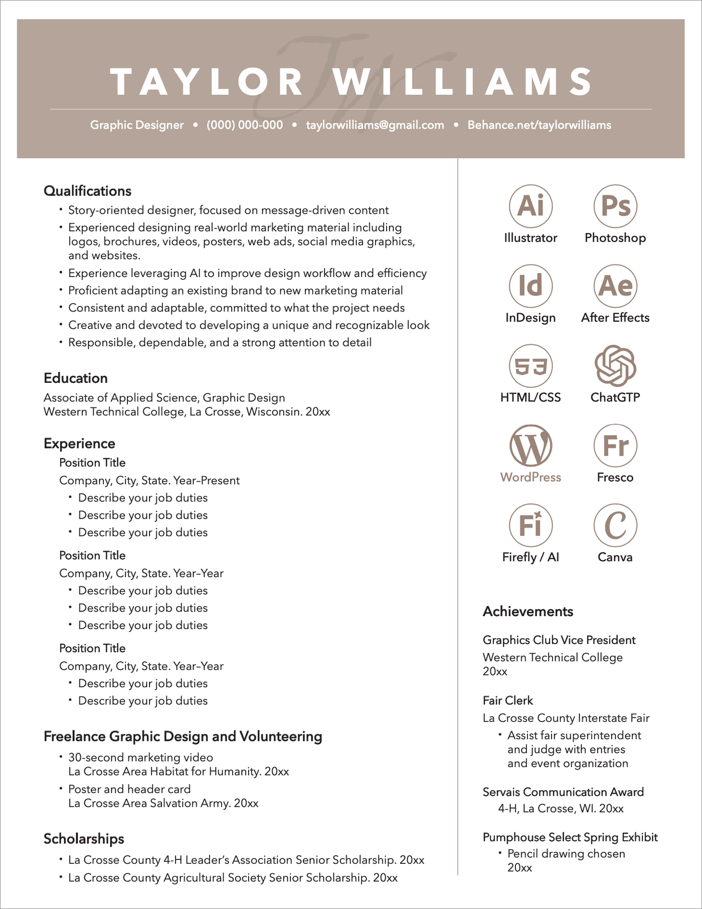 Sample resume design for graphic design students to use.