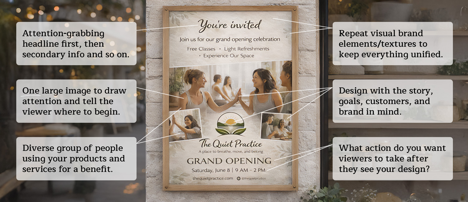 Poster showing the basics of graphic design in an infographic style.