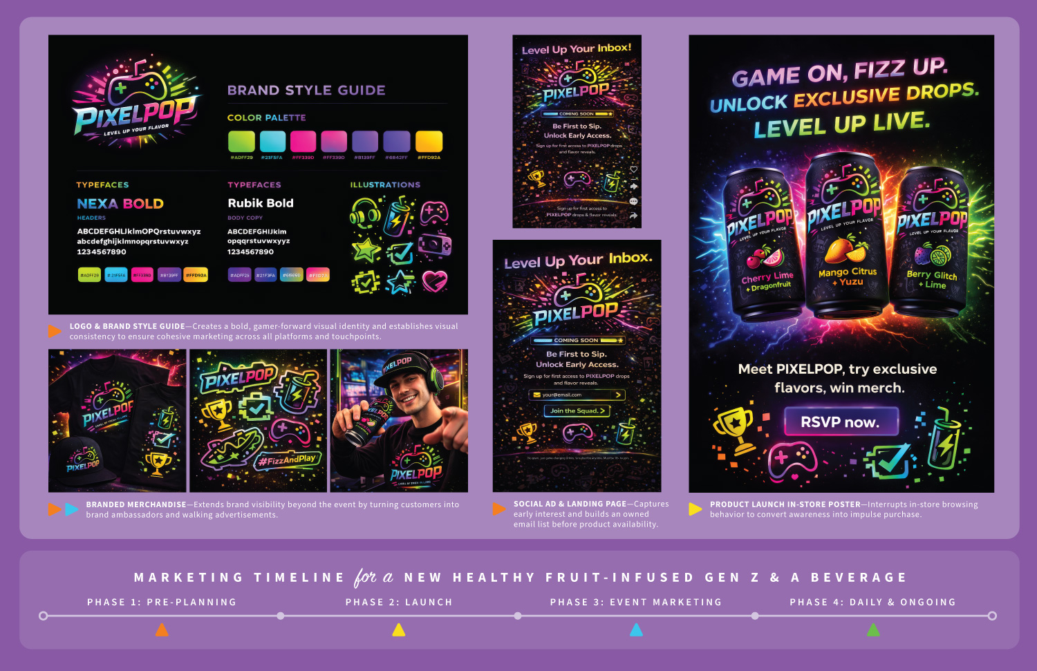 Graphic design portfolio pages showing a marketing campaign of marketing material designed for PIXELPOP, and new beverage for Gen Z and A gamer culture.