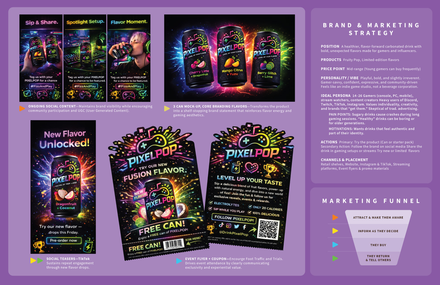 Graphic design portfolio pages showing a marketing campaign of marketing material designed for PIXELPOP, and new beverage for Gen Z and A gamer culture.