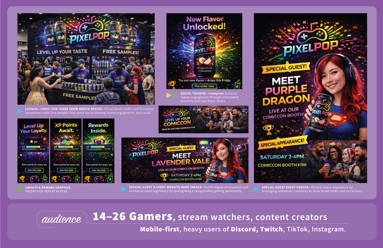 Graphic design portfolio pages showing a marketing campaign of marketing material designed for PIXELPOP, and new beverage for Gen Z and A gamer culture.