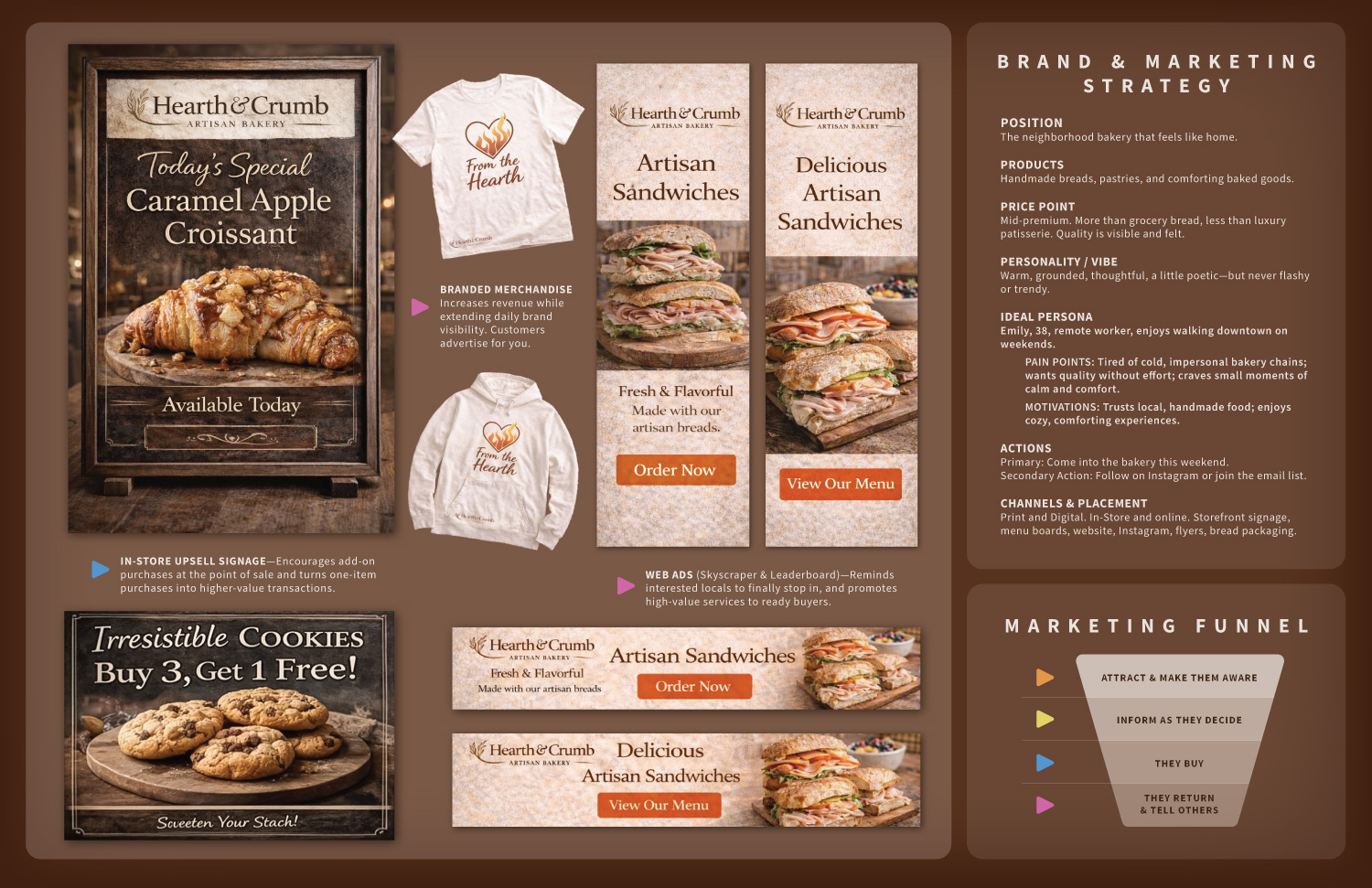Sample portfolio page showing a full marketing campaign including several pieces a nicely designed marketing material for a local artisan bakery.