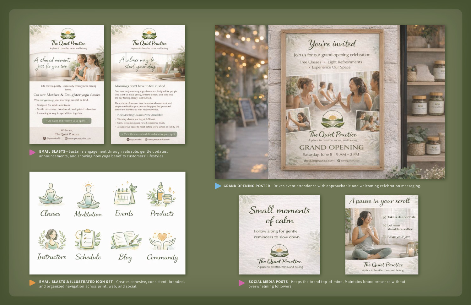 Example of a portfolio page showing graphic design students how to layout several marketing pieces on one page to show an employer.