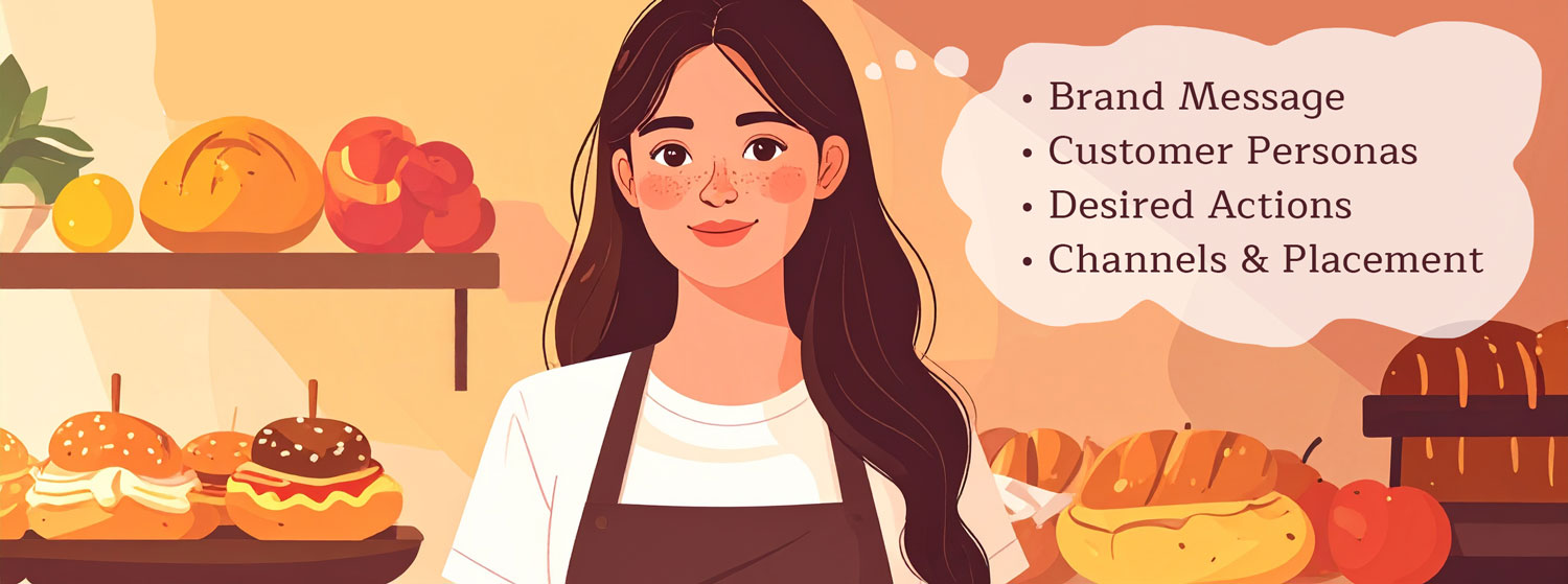 Illustration of a store owner contemplating marketing and branding concepts in a thought bubble by her head.