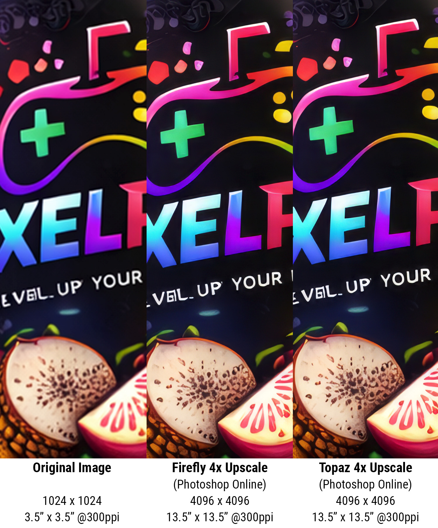 Image showing three different versions of the same image upscaled different ways using AI.
