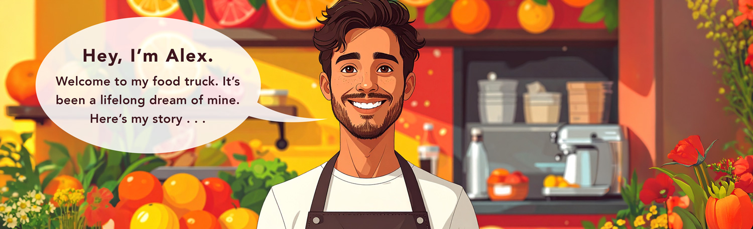 Illustration of a store owner contemplating marketing and branding concepts in a thought bubble by her head.