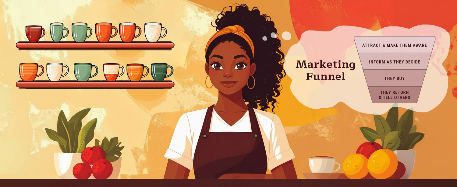 Illustration of a store owner contemplating marketing and branding concepts in a thought bubble by her head.