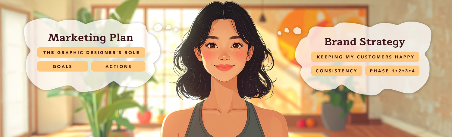 Illustration of a store owner contemplating marketing and branding concepts in a thought bubble by her head.